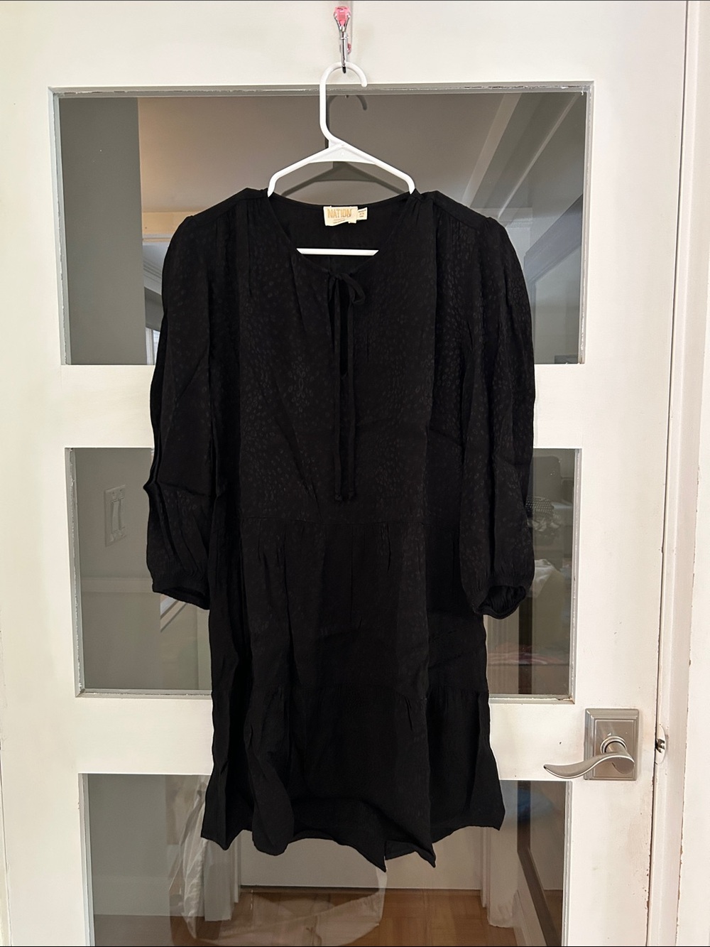 Women's Black Tie-Neck Mini Dress with Balloon Sleeves